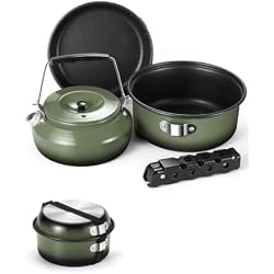 Odoland 5pcs Camping Cookware Non-Stick Camping Pot and Pan Set with Kettle and Removable Handle for Hiking Backpacking and Picnic