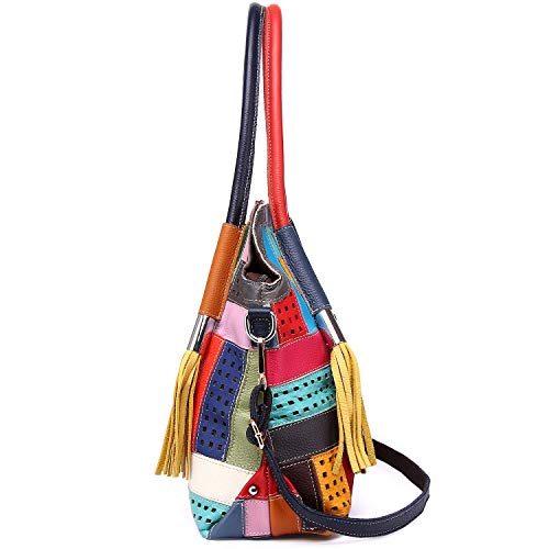 Women Genuine Leather Tote Multicolour Patchwork Hollow Shoulder Handbag Purses4