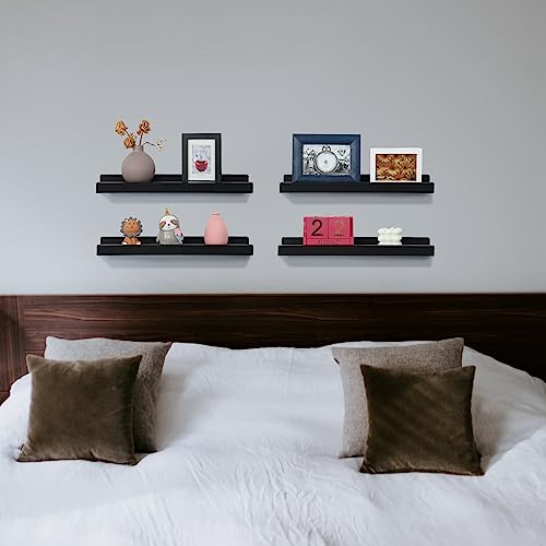 Picture Shelf With Ledge,Photo Ledge Shelves Set Of 4,Rustic Wood Storage Display Shelves Wall Mounted For Living Room Bedroom Kitchen Kids Nursery Photo Frames Book,Home Office Decor （Black,17 Inch) #TOP3
