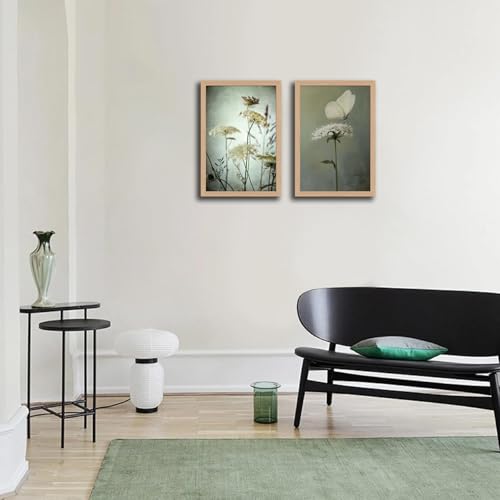 2Pcs Framed Vintage Wall Art Moody Elegant Green radish flowers and Butterfly Canvas Painting Rustic Floral Poster Artwork for Bathroom, Bedroom, Living Room,wooden frame16x24in by ZNRZNR - Used condition - Image 4