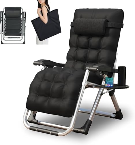 LSLIFE Zero Gravity Liegestuhl für Outdoor mit Tassenhalter & Kissen breiter Verstellbarer Liegestuhl Klapplehnstühle Gartenstühle für Patio Garden Beach Support 200kg (Schwarz)