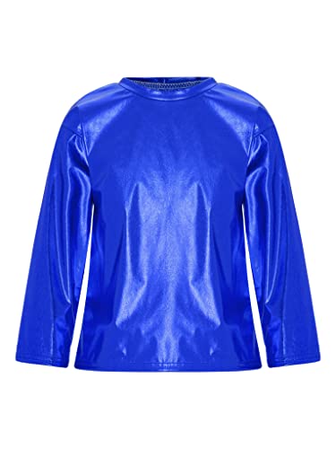 Mufeng Kids Boys Girls Shiny Metallic Hip Hop Dance T-Shirt Long Sleeve Round Neck Sports Shirts Tee Dancewear Sportwear Royal Blue 5-6 Years