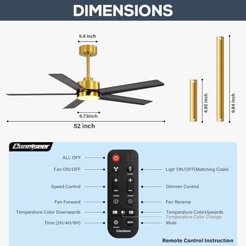 Image of Conciseer 52 Inch Ceiling Fans with Lights and Remote for Bedroom Living Room Kitchen Office, Indoor /Outdoor Use, 3CCT Dimmable, 5 Blades 6 Speed Reversible Quiet DC Motor, Gold /Black