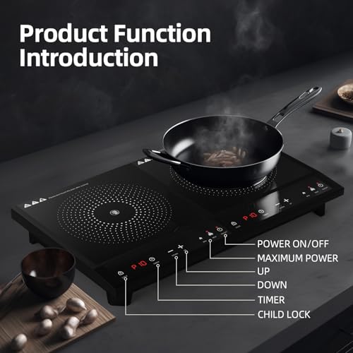 Double Induction Cooktop,Portable Induction Cooker with 2 Burner Independent Control,Ultrathin Body,10 Temperature,1800W-Multiple Power Levels,3 Hour Timer,Safety Lock