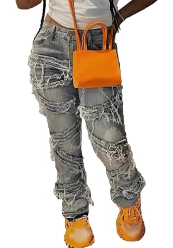 Women's Y2K Fashion Jeans Distressed Frayed Belt Trim Novelty Denim Pants