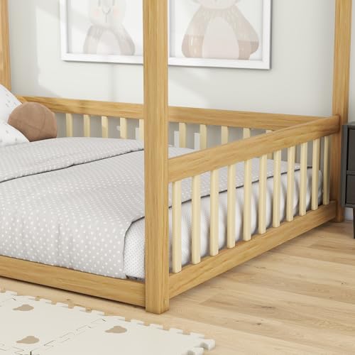 Image of Full Size 4-Posters Canopy Bed Frame with Fence Guardrails, Rubber Wood Montessori Floor Platform Bed for Kids Teens Girls Boys, No Box Spring Needed (Natural-02)
