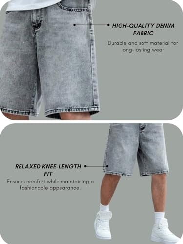 Image of GRECIILOOKS Denim Shorts for Men Stylish | Casual Knee Length Washed Jorts | Regular Fit Jeans Half Pant for Men with Distressed Design | Bermuda Mens Shorts for Summer Travel Streetwear