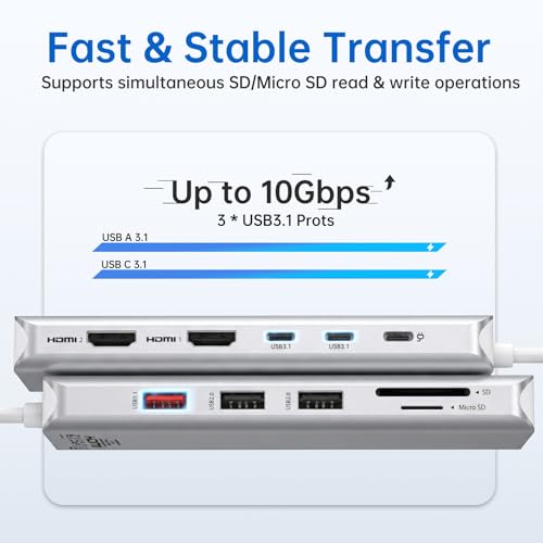 Image of USB C Laptop Docking Station Dual Monitor Dual HDMI 4K DP Triple Display Hub, 13 in 1 MOKiN USB C Hub with 3 Monitors, DisplayPort, USB 3.1, RJ45, 100W PD, Card Reader, Audio /Mic, for Dell HP, Sliver