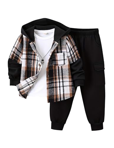 Fdqin Boys Sweatsuit Fall Outfits Flannel Plaid Hoodie Shirt and Casual Sweatpants with Pocket Black 13-14Year