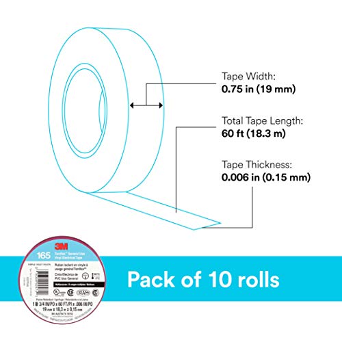 Image of 3M Temflex Vinyl Electrical Tape 165, 3 /4 in x 60 ft, Purple, 10 Roll Pack