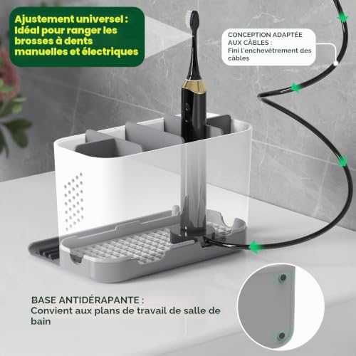Porte-brosse à dents avec ouverture pour câble réglable à 6 compartiments pour brosse à dents et dentifrice, organiseur de salle de bain amovible pour plan de travail avec étagère à l'avant pour – vue 3