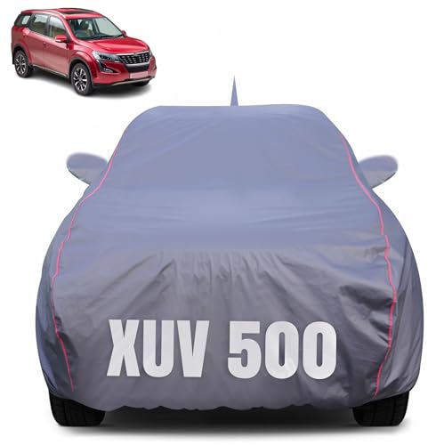 Image of 100% Waterproof Car Body Cover for Mahindra XUV 500 (2011-2021) with Mirror Pocket (Heat & UV Resistant, Triple Stitched, Soft Lining, Bottom Elastic & Piping) Grey