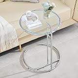 Height Adjustable Glass Side End Table, Round Metal Frame, Glass End Table &ndash; Modern...