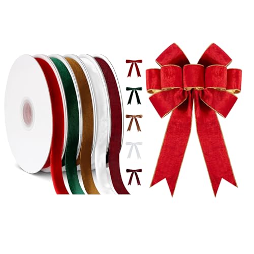 Velvet Ribbon & Large Red Bow Set, 5 Rolls 3/8" x 50yd Velvet Ribbon (Red/Green/Burgundy/White/Brown) + 16" x 24" Christmas Tree Topper Bow with Gold Border, Ideal for Gift Wrapping, Wreaths
