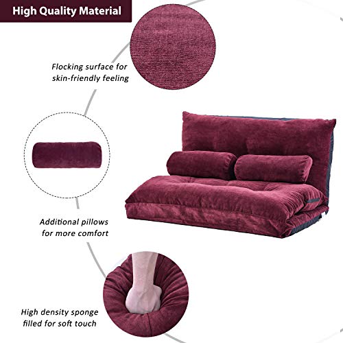 Adjustable Floor Sofa Bed With 2 Pillows , Foldable Futon Couch Leisure Lazy Sofa With 5 Reclining Positions, Upholstery Floor Sofa For Reading Or Gaming In Bedroom/Living Room/Balcony,Burgundy #TOP6