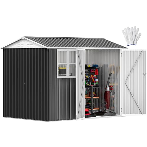 Image of DWVO 8x6ft Large Tool Storage Shed with Window, Lockable Doors, and Sloped Roof, Oversized Steel Outdoor Storage Shed for Garden, Patio, Garage, Backyard, Lawn - Gray & White