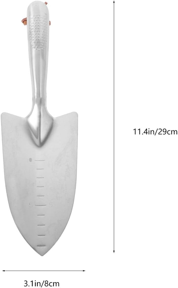 Portable Mini Stainless Steel Garden Trowel with Graduated Markings Rust-Resistant Hand Shovel for Camping Outdoor Use and Weeding Compact Silver Tool for Gardening and Emergency