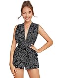 Floerns Women's Sleeveless Plunging Neck Crisscross Back Tie Waist Romper with Belted Black M