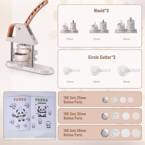 Rengue Button Maker Machine Multiple Sizes, 300 Sets Button Parts Pin Maker Machine with 3 Mold Sizes & Circle Cutters, Pin Press Easy to Use, Badge Button Press Machine for Personalized Gifts, Crafts