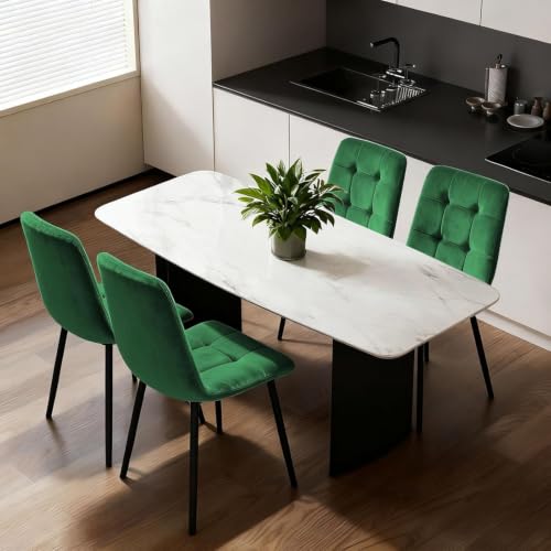 YLGJ&TIDY Lot de 4 Chaises de Salle à Manger en Velours Rétro Rembourrée Chaise à Dossier Haut et Pieds Métalliques Design en Damier 4 Chaises pour Cuisine Salon Réception Bureau (Vert, 4 Pièces)