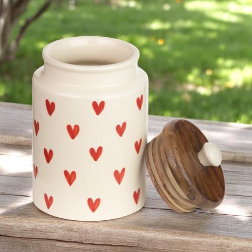 Image of Airtight Ceramic Jars (Pack of 2) - 1000ml Each - Wooden Lid - Kitchen Containers for Sugar, Tea, Salt, Pickles, Pulses & More (Red Lines & Red Heart)
