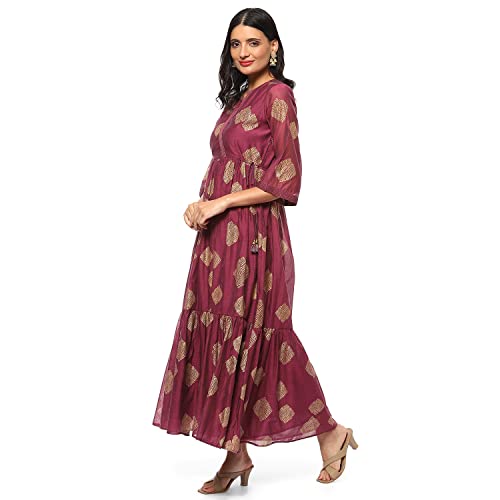 Image of BIBA Women Casual Dress Maxi Cotton Blend Tiered Printed Dress