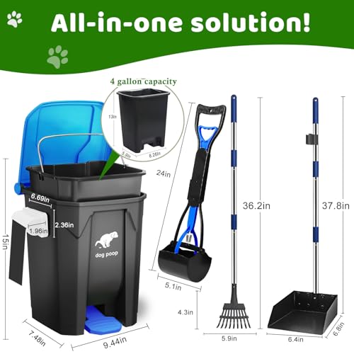 Image of Dog Poop Trash Can Outside with Pooper Scooper and Metal Rake & Tray, 20L /5Gal Dog Waste Trash Can with Lid, Pedal and Removable Inner Waste Bin, Pet Poop Bin with 100 Bags, Blue