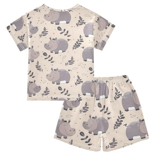 ALAZA Hippopotamus Leaf Pajamas Set Short Sleeve Cotton Sleepwear Summer Pjs 2 Piece 5-14Y2
