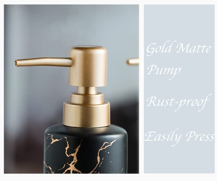 Gold Soap Dispenser for Bathroom or Kitchen, Skinny Ceramic Lotion Bottle with Marble Pattern, Rust-Free Pump(Black)