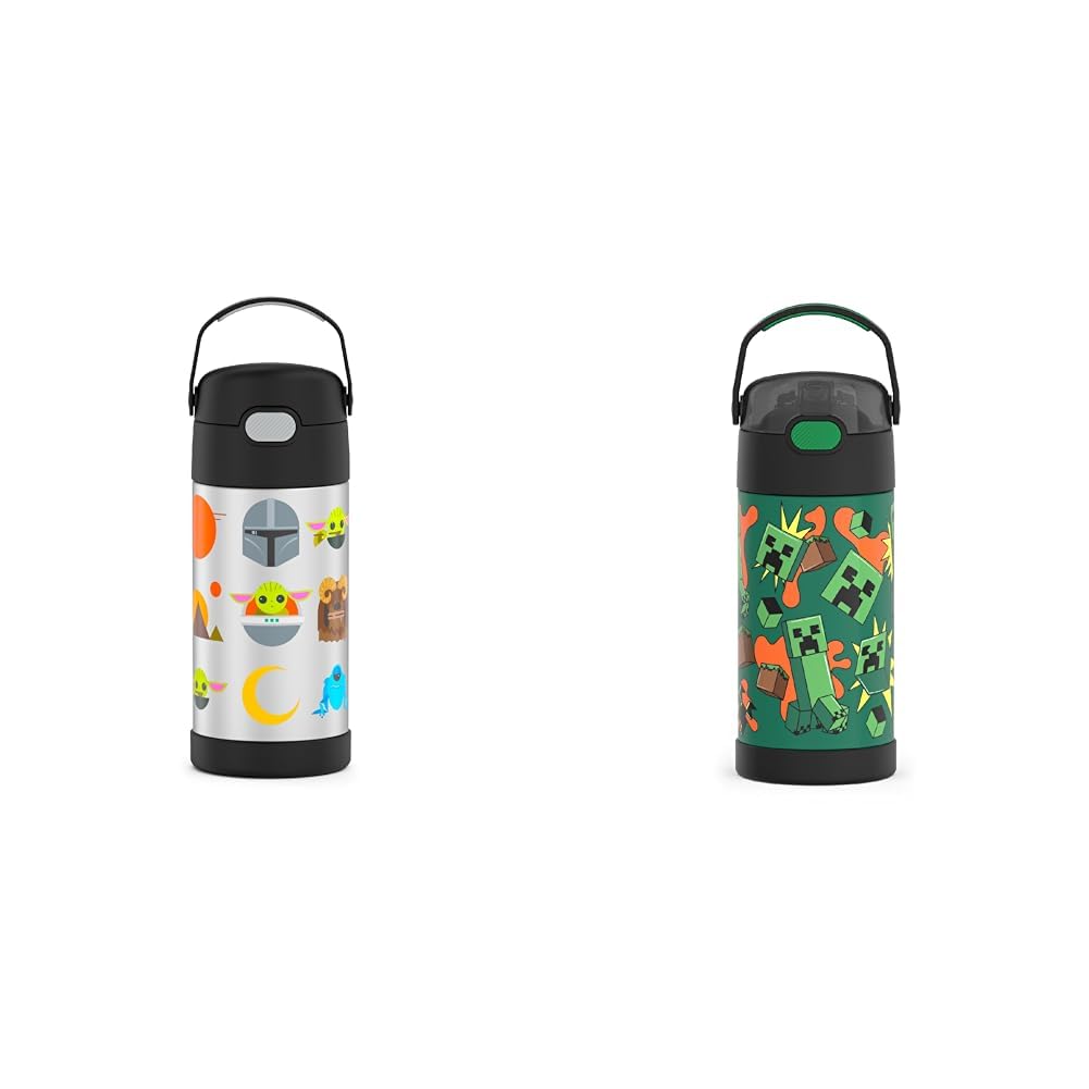 THERMOS Mandalorian and Minecraft 12 Ounce Kids Insulated Water Bottles with Straw and Lid