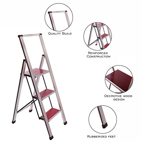3.85' Brushed Aluminum/Wood Lightweight 3-Step Ladder - Thumbnail 5
