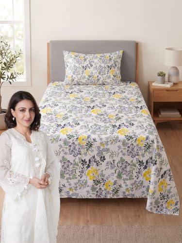Image of Mafatlal 144 TC Fern Single Bedsheet 90 x 60 Inch | Vibrant Printed Bed Cover | Soft Comfortable Sheet for Bedroom | Washable Fabric | Everyday Home Bedding | Pillow Cover Included|Soft Grey