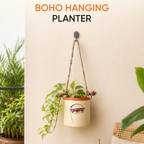 Image of AAKRITI ART CREATIONS Terracotta Hanging Planter | Handmade Boho Wall Basket Design with Rope, Modern Art, White Matte Finish | Decorative Hanging Pot for Indoor & Outdoor Home Decor