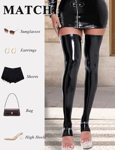 FEOYA Latex Stocking Thigh Stockings Overknee Strümpfe Leder Overknee Socken Frauen Sexy Lackleder Glänzende Lange Strümpfe Dessous Nachtwäsche Tanzparty Nachtclub Kostüm Schwarz L