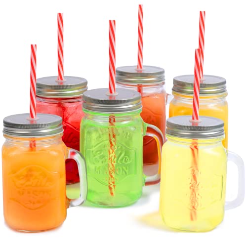 Estilo Glass Mason Jars with Handles, Lid and Straw 16 oz | Drinking Glasses Cups Mug Set for Iced Coffee, Tea & Smoothie - Set of 6