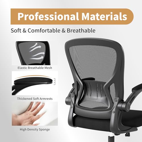 Image of Youhauchair Mesh Office Chair, Ergonomic Home Office Desk Chairs with Flip-up Arms and Lumbar Support, Height Adjustable, Black | Flip-up Arms, Lumbar Support, Home Desk Chair, Height Adjustable, Breathable, Mid Back Swivel Compurter Chair, Set of 1