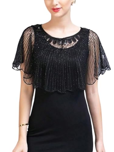 WDIRARA Womens Shawl Wraps Sequin Beaded Mesh Evening Cape Bridal Shawls Black One-Size