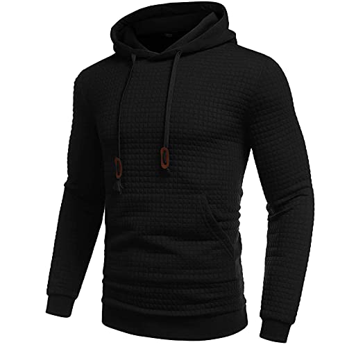 Generisch Sudadera con capucha barata Color sólido manga larga cuello redondo cordón sudadera con capucha bolsillo blusa de invierno para hombre agujeros, Negro , XXL