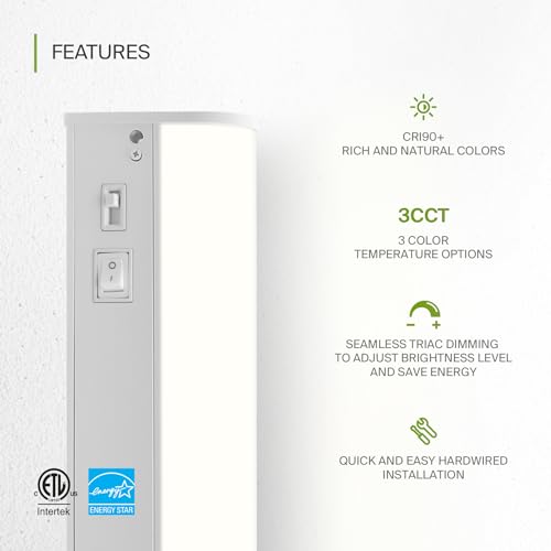 Image of ASD LED Under Cabinet Lighting, 24 inch 12W 822LM, Dimmable Hardwired Under Cabinet Lights for Kitchen, 3000K Soft /4000K Cool /5000K Daylight, Under Counter Light Fixtures, ETL, White 2 Pack