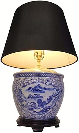 Blue and White Porcelain Table Lamp in Landscape with Black Shade, 24" H