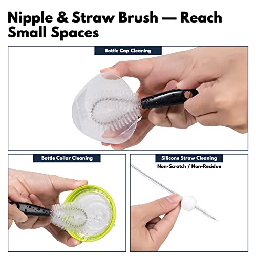 Jumperlay Baby Bottle Brush With 1 Pack Nipple Brush And 2 Pack Straw Cleaner Brushes, Baby Bottle Cleaning Brush Set With Suction Cup Stand And A Hidden Mini Brush, Black #TOP5