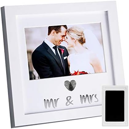 Jinchuan Heart Thumbprint Keepsake Frame and Ink Kit,Wedding Picture Frame Wedding Registry Idea Shower Gift For Bride Newlywed (White Frame, Silver text)