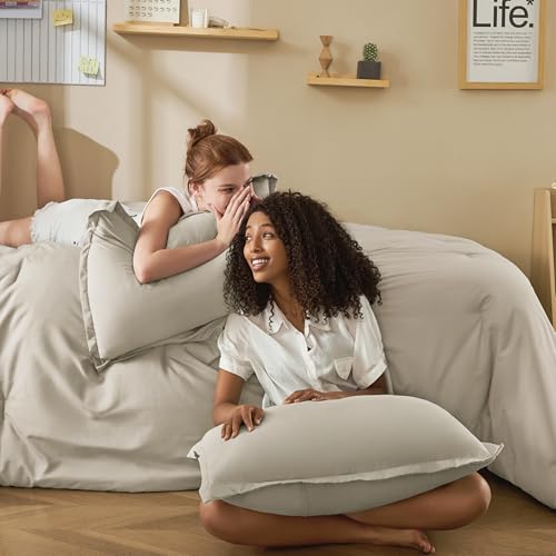 Litanika Twin/Twin XL Size Comforter Set Oatmeal - 5 Pieces Bed in a Bag Twin/Twin XL Bedding Comforter Sets, Solid Lightweight Bed Set with Comforter, Sheets, Pillowcase & Sham