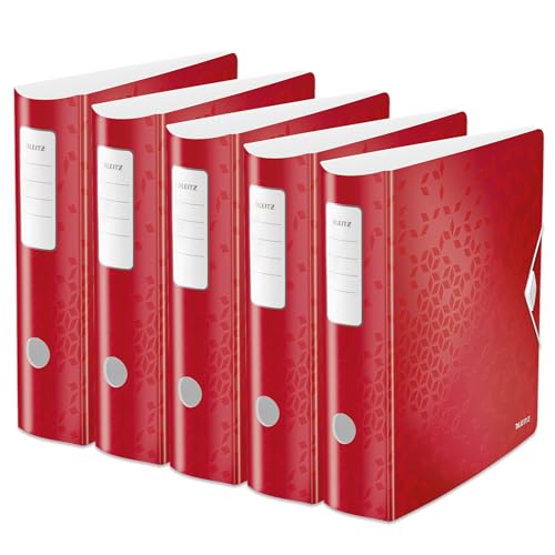 Leitz Qualitäts-Ordner 180° Active WOW, 5er Pack, A4, Breit, abgerundeter Rücken, 8,2 cm breit, Gummibandverschluss, wasser- und schmutzabweisendes Polyfoam, mit Innentaschen, WOW Serie, Rot, 11060026