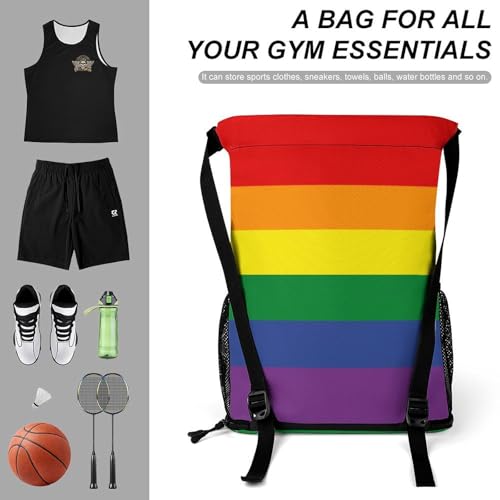 Drawstring Backpack with Mesh Pocket, Water Resistant String Bags LGBT Rainbow Gay Pride Flag for Adults Swimming, Camping, Shopping and Running Use3