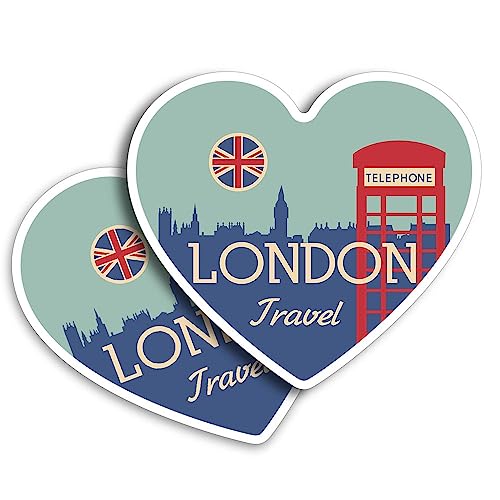 Lot de 2 autocollants en vinyle 10 cm - Forme de cœur - Drapeau de téléphone de Londres rétro - Art imprimé - Pour ordinateur portable, tablette, bagages, voiture,...