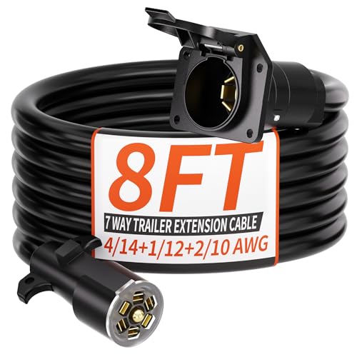 PlugSaf 8 FT 7 Way Trailer Plug Heavy Duty Cord 4/14+1/12+2/10 AWG 7 Pin Trailer Wiring Harness Cord Plug-and-Play Suitable for Trailers Food Trucks Campers RVs and Other Towed Vehicles