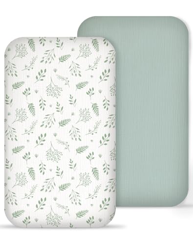 Image of Muslin Bedside Bassinet Sheets 2 Pack, 33x20 Fitted Ultra Soft & Breathable Bedside Sleeper Sheets, Ideal for Baby Girl and Boy, Perfect for Newborns (Fern Leaf & Sage)