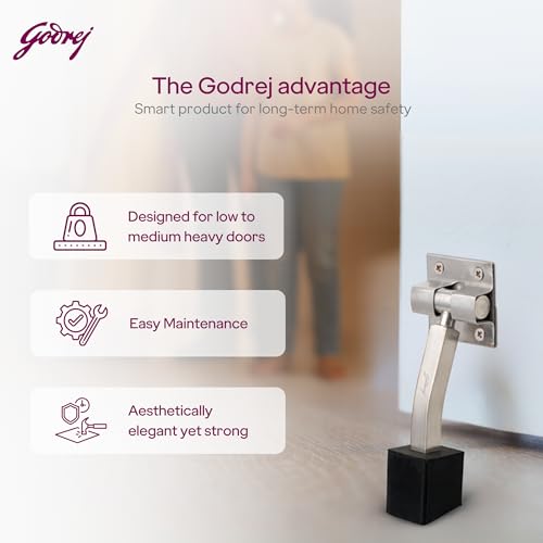 Image of Godrej Door Fittings | Door Stopper for Home with Rubber (Pack of 2, Satin Steel) | Rubber Stopper with Click Action | 180 Swing Control | Heavy Duty Stopper for Home, Office & Hotel