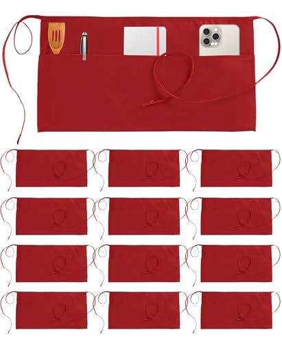 Utopia Wear 12 Pack Server Aprons with 3 Pockets Waiter and Waitress Waist Aprons for Women with Pockets Men Short Aprons (Red)